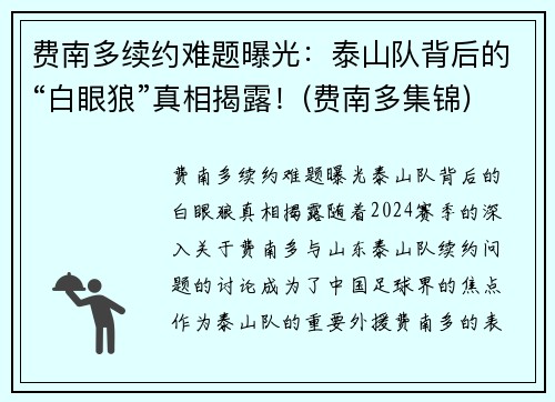 费南多续约难题曝光：泰山队背后的“白眼狼”真相揭露！(费南多集锦)